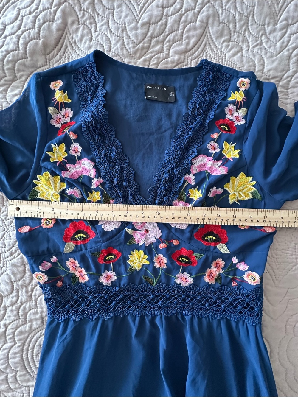 Cottagecore Boho Navy Floral Embroidered Crochet Lace Dress 8 Romantic Fairycore - Picture 14 of 14